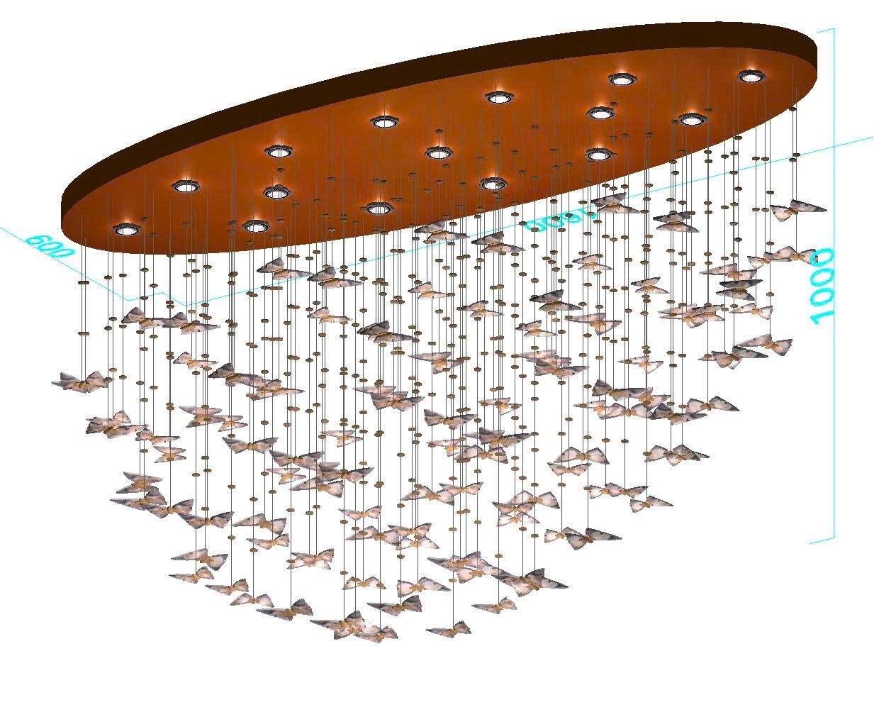 Đèn chùm pha lê thả thông minh PL064 gồm mâm Elip inox gương vàng 8k, 115 bướm và 15 đèn dimmer 3 màu điều khiển xa D40, KT(mm): L1800xW600xH1000